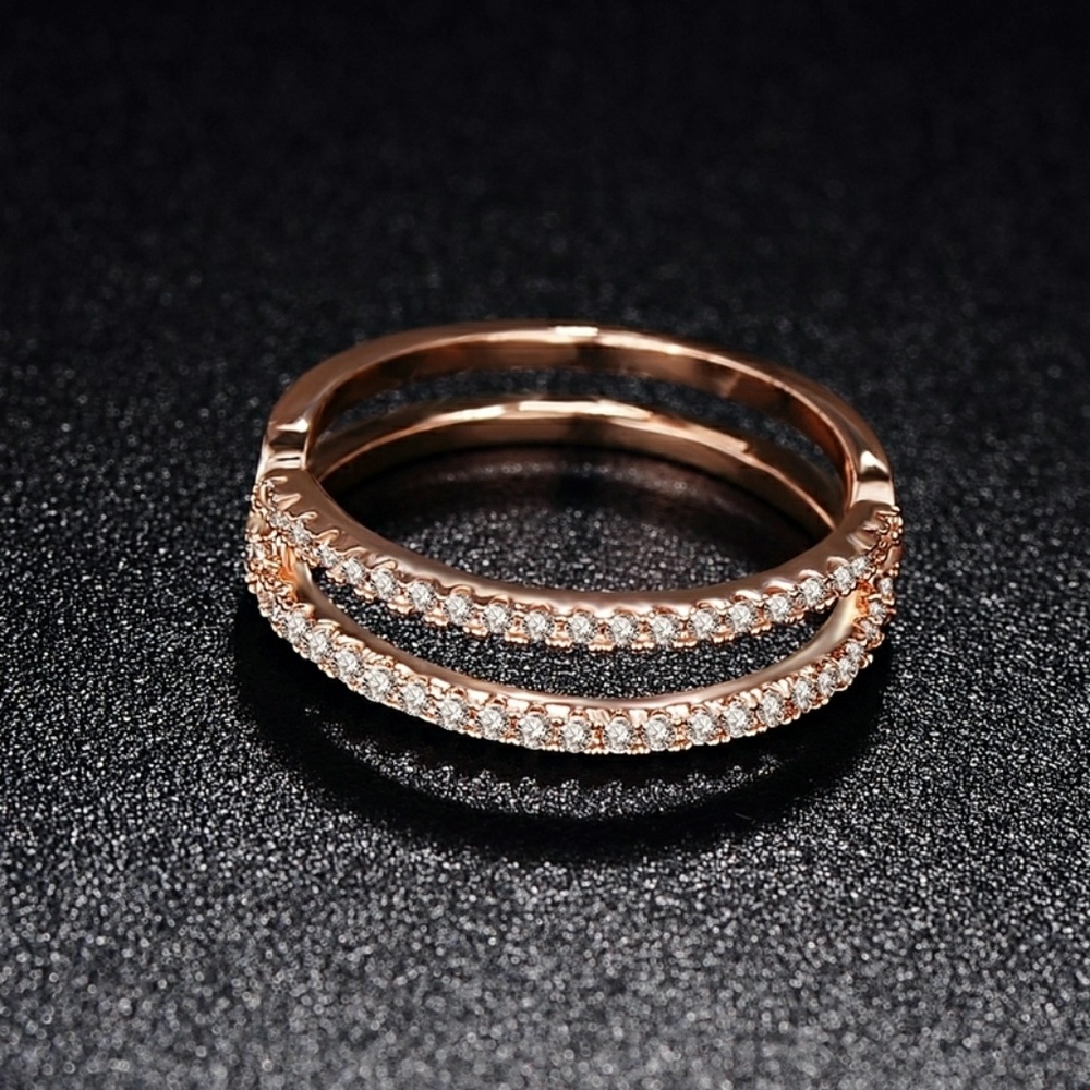 Rose Gold Double Band Ring with Cubic Zirconia Pave Setting Size 9